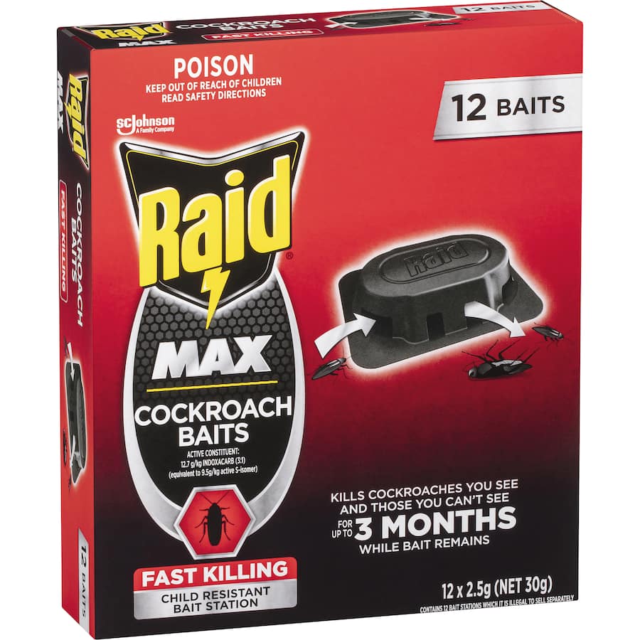 Raid Cockroach Bait in a child-resistant station, designed to eliminate visible and hidden cockroaches for up to 3 months.