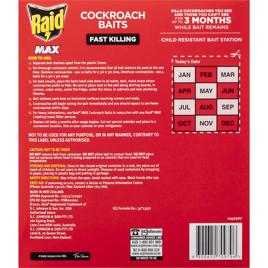 "Raid Cockroach Bait, effective and child-resistant, kills visible and hidden roaches for up to 3 months."