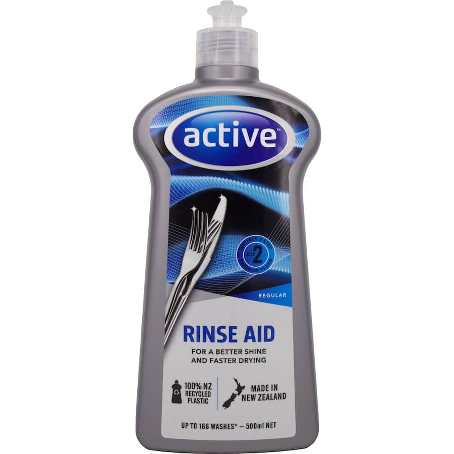 Active Dishwasher Rinse Aid Regular bottle designed for sparkling, streak-free clean and fast drying of dishes in all dishwashers.