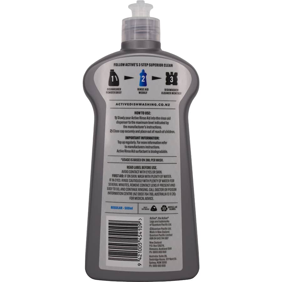 Active Dishwasher Rinse Aid Regular bottle, designed for streak-free shine and enhanced drying in all dishwasher types.