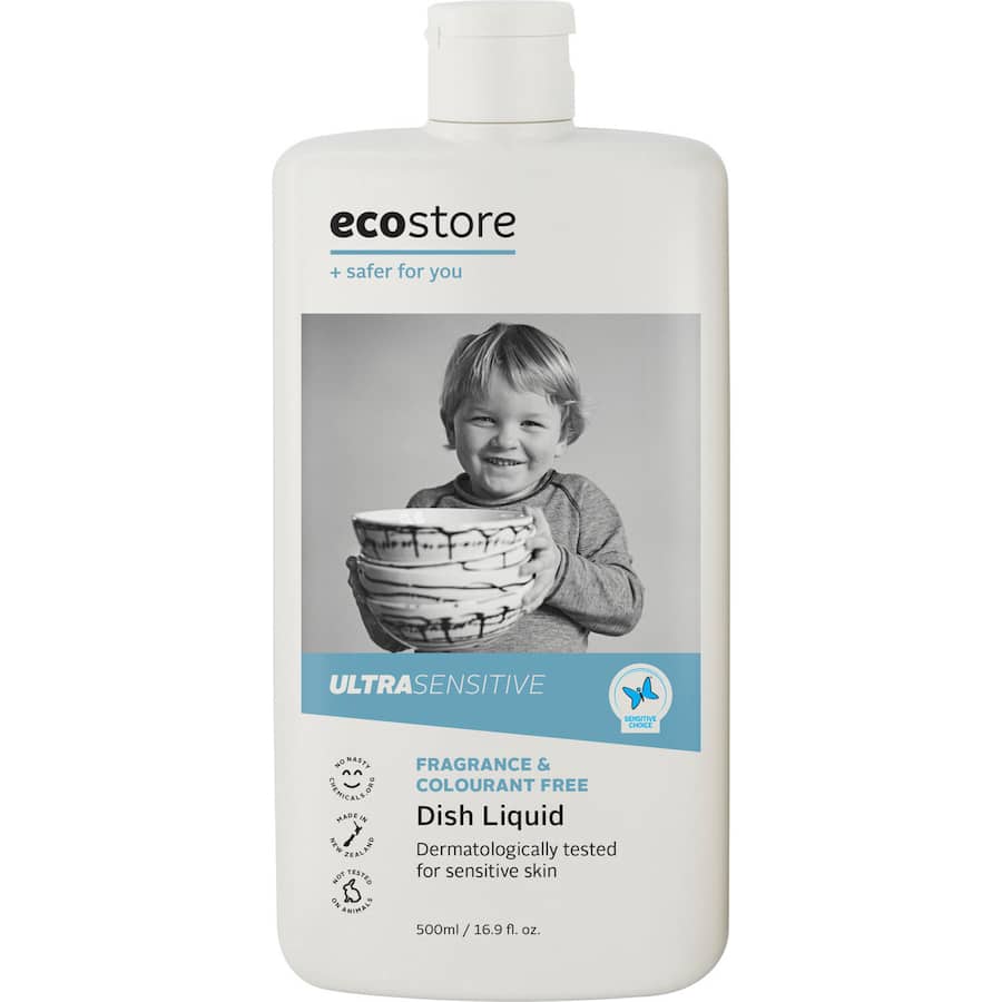 Ecostore Dishwash Liquid Fragrance Free in a renewable sugar plastic bottle, gentle on hands, tough on grease, eco-friendly formula.