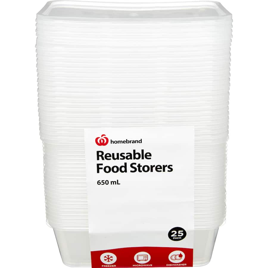 Reusable 650ml food storage containers in a 25 pack, BPA-free, microwave and dishwasher safe for easy use.