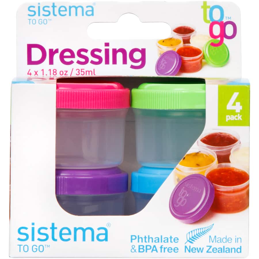 Compact, BPA-free dressing pot with a secure screw lid, ideal for taking dressings on the go in assorted colors.