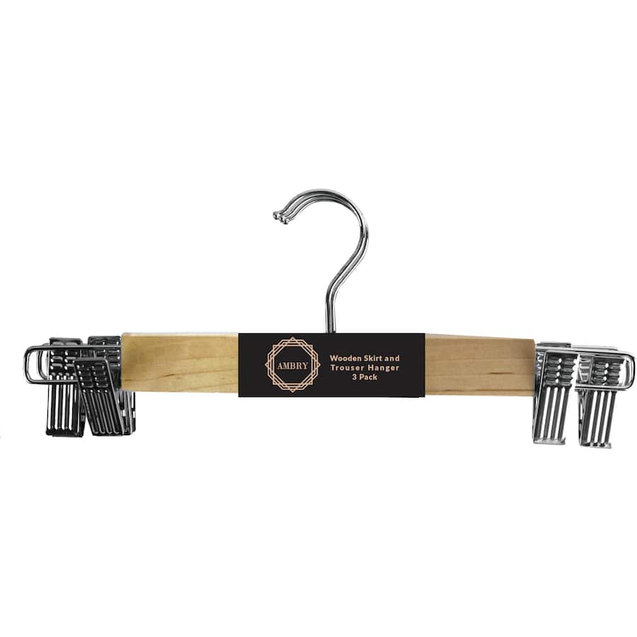 Elegant wooden skirt and trouser hangers with 360° swivel hooks and adjustable grips for secure, wrinkle-free storage.
