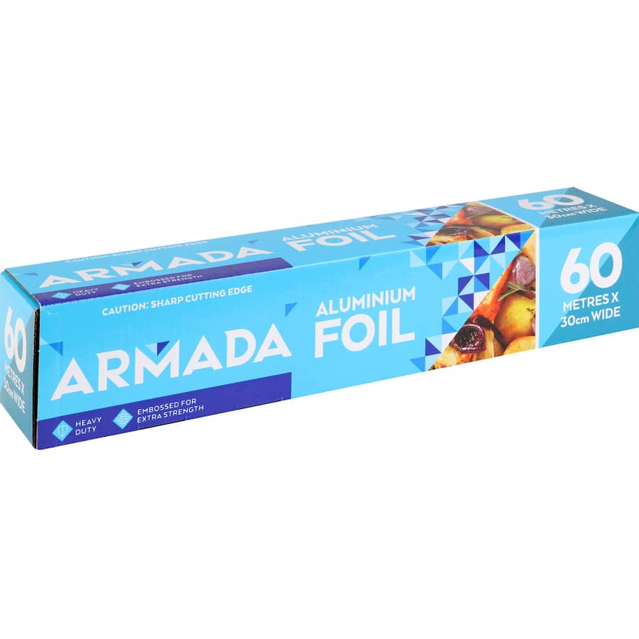 Armada Foil Aluminium roll, thick and durable for cooking, wrapping, and food storage, ensuring moisture and flavor retention.