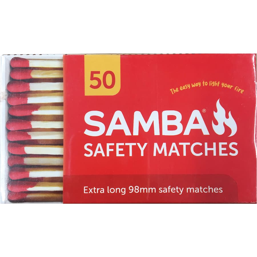 Extra-long 90mm Samba Matches for safe and instant lighting of fires, barbecues, and gas appliances, made from high-quality materials.