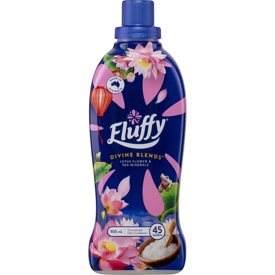 Fluffy Concentrate Fabric Softener in Lotus Sea Mineral scent, softens fabrics, reduces static, and adds long-lasting freshness.