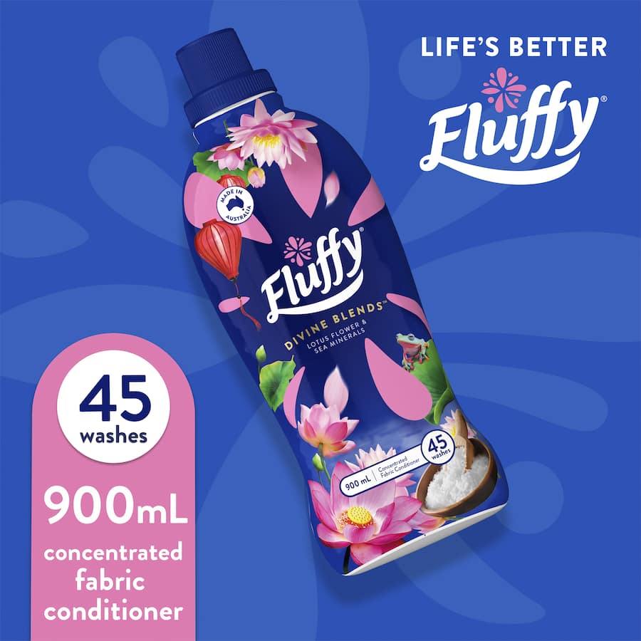 Fluffy Concentrate Fabric Softener with Lotus Sea Mineral scent, softens fabrics, reduces static, and adds long-lasting freshness.