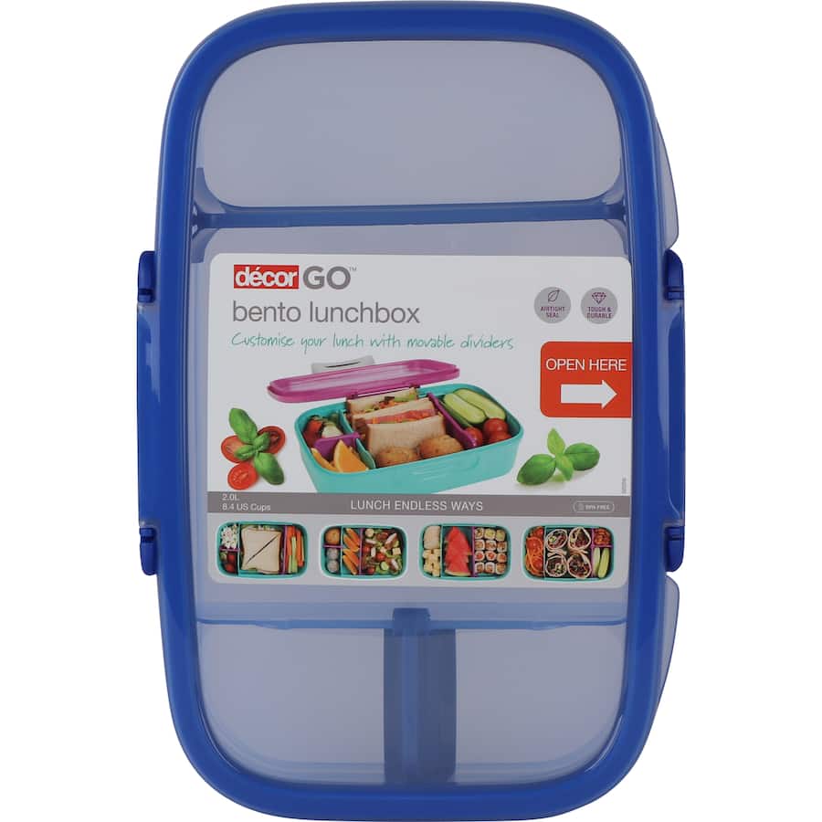 Alt text: "Decor Go Lunch Box Bento with secure clips, airtight seal, and compartments for fresh meals on the go."