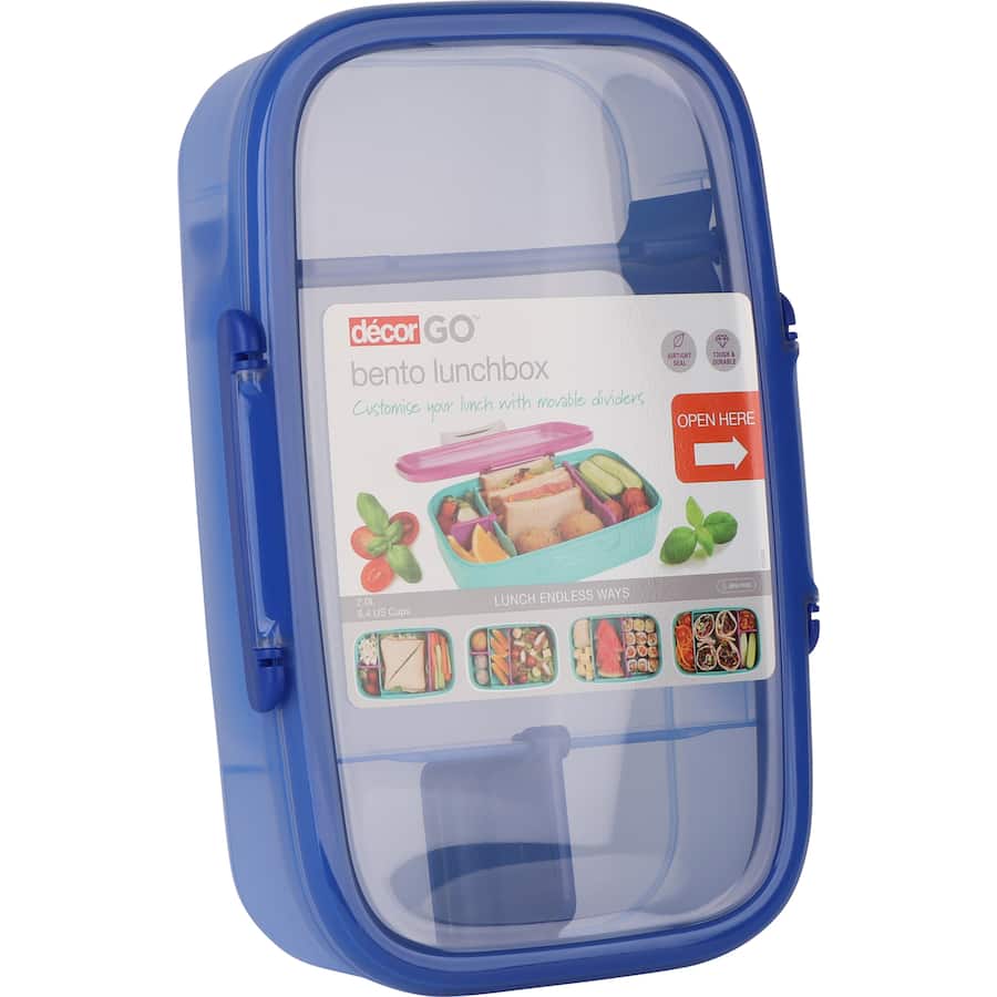 Decor Go Lunch Box Bento featuring secure clips, airtight seal, and versatile compartments for fresh meals on the go.