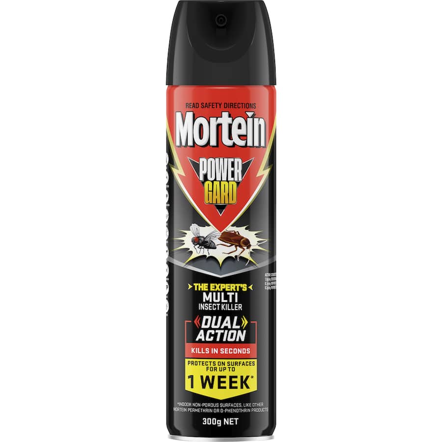 Mortein Powerguard Multi Insect Killer spray, effectively eliminating various insects like cockroaches, flies, and mosquitoes quickly.