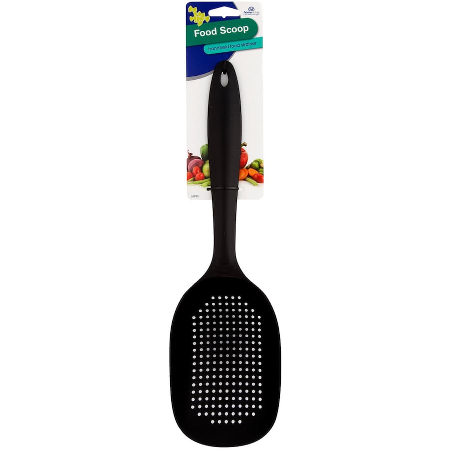 Homeliving Handheld Food Strainer with ergonomic long handle for easy scooping and straining of pasta and veggies.