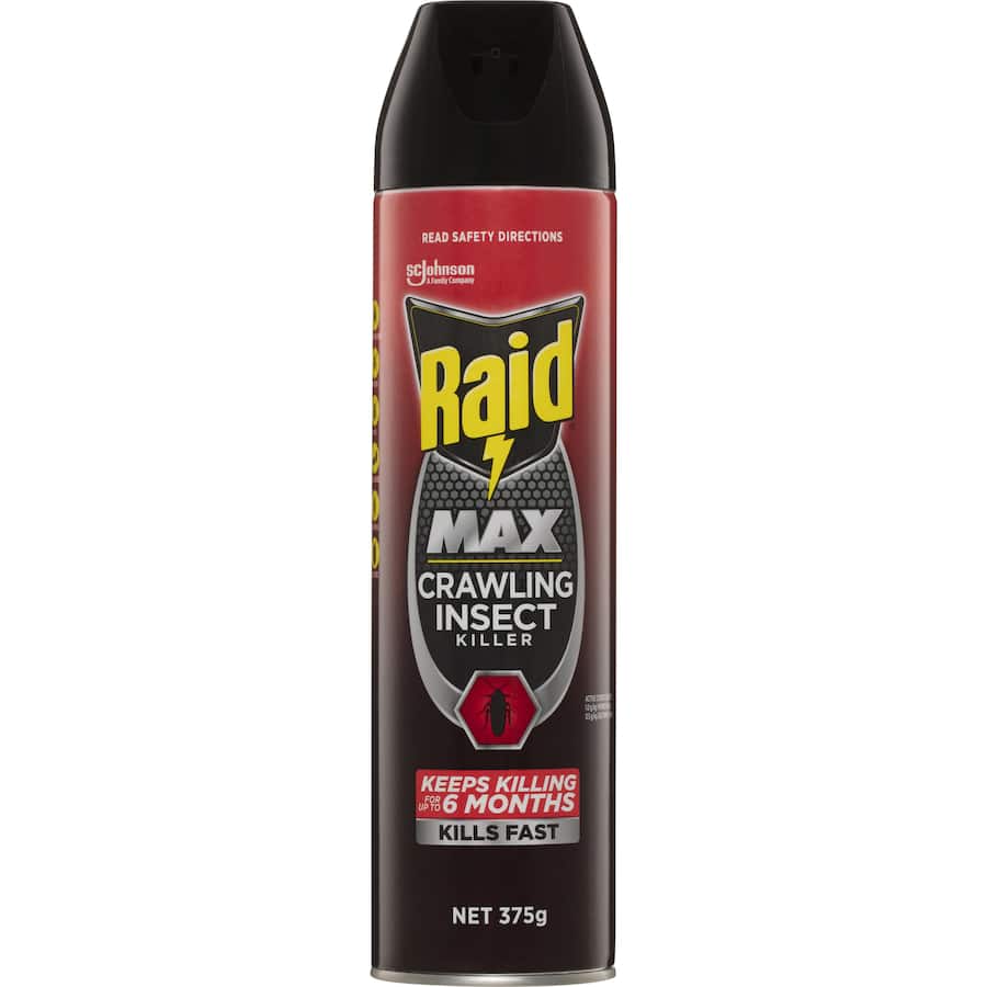 Powerful Raid Max Crawling Insect Killer eliminates pests like cockroaches and spiders, protecting your home for 6 months.
