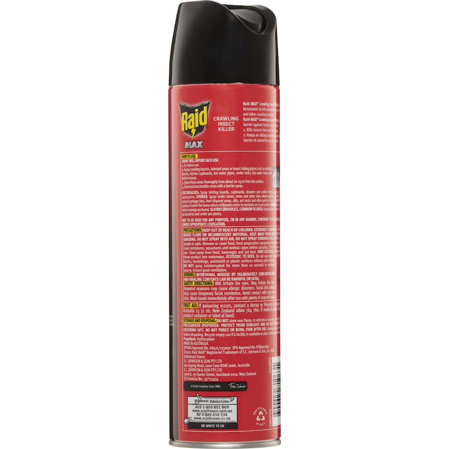 Powerful Raid Max Crawling Insect Killer eliminates roaches, spiders, and ants; effective for up to 6 months.