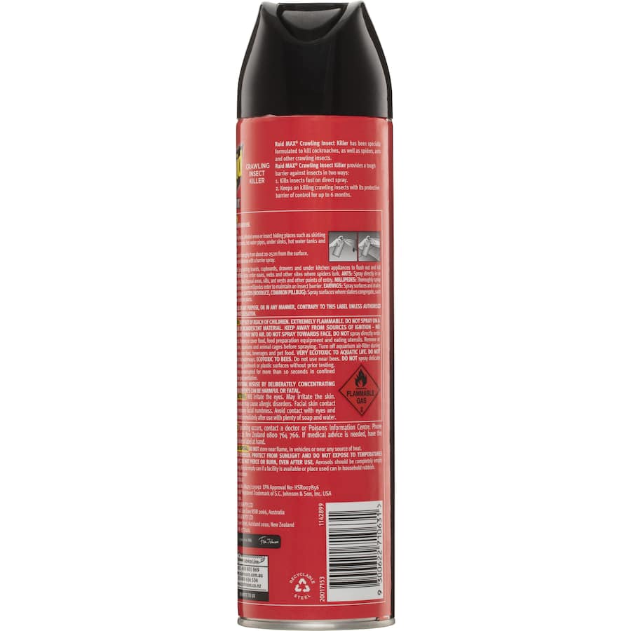 "Raid Max Crawling Insect Killer: effective spray for cockroaches, spiders, and ants, with 6-month long-lasting protection."
