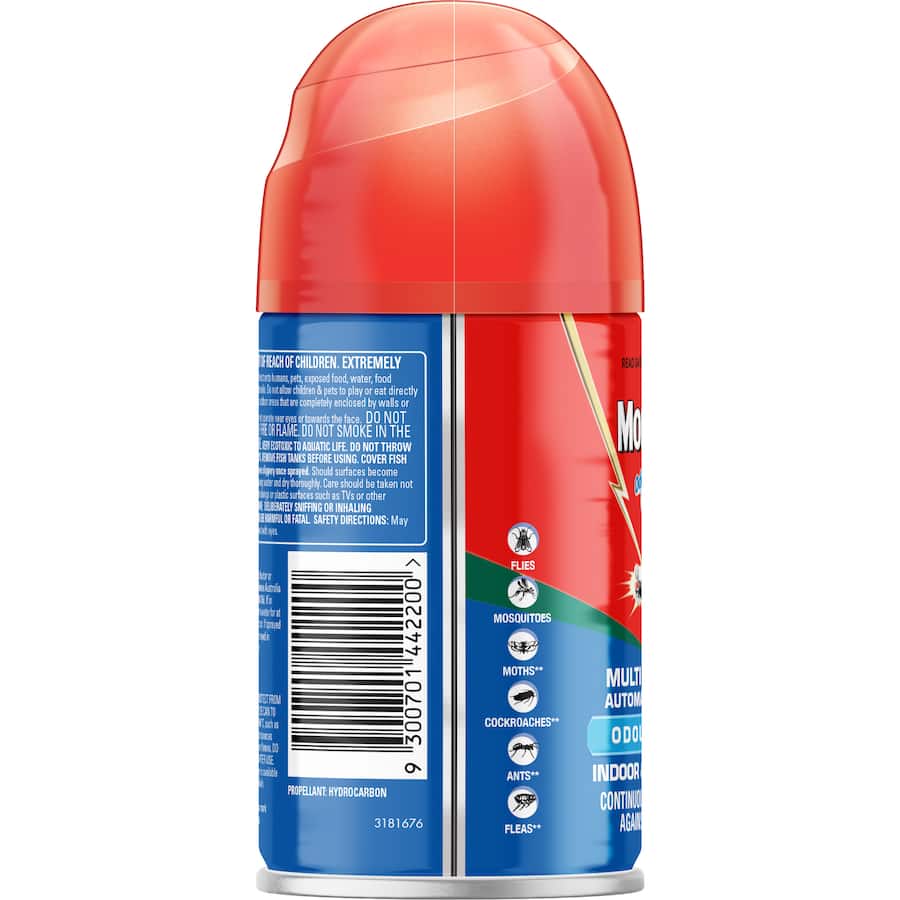 Mortein 308g odourless refill for automatic spray system, provides continuous pest protection indoors and outdoors.