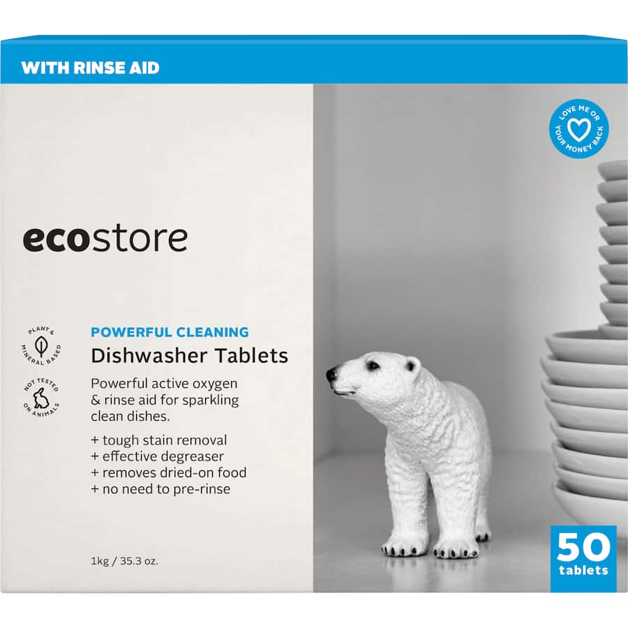Ecostore Dishwasher Tablets, fragrance-free, eco-friendly, plant-based, biodegradable, perfect for tough grease and sensitive skin.