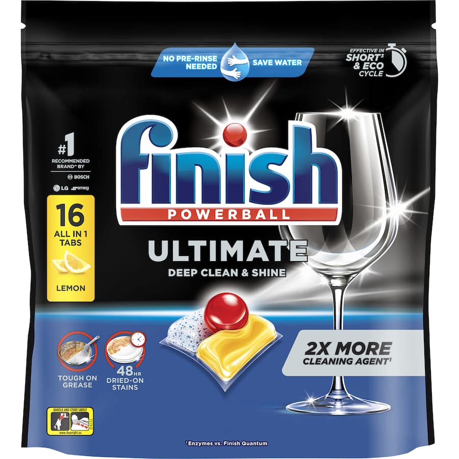 Finish Dishwasher Tablets Ultimate Pro All In One Lemon: powerful, eco-friendly tablets with lemon scent, scrubs and degreases dishes effortlessly.