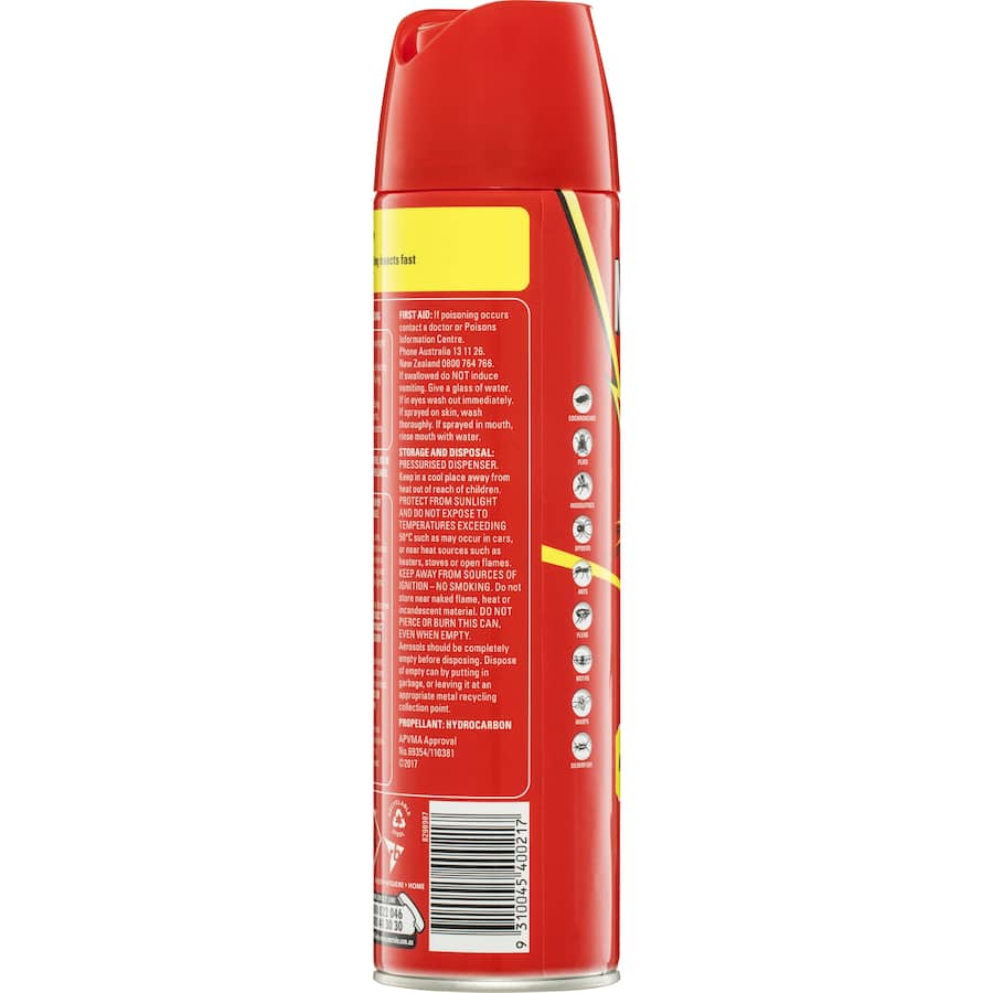 Mortein Fly Spray aerosol for quick insect control, targeting flies, cockroaches, mosquitoes, and more with a single spray.