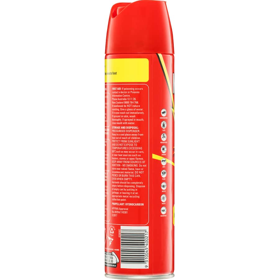 Mortein Fly Spray: fast-acting aerosol for effective control of flying and crawling insects indoors and outdoors.