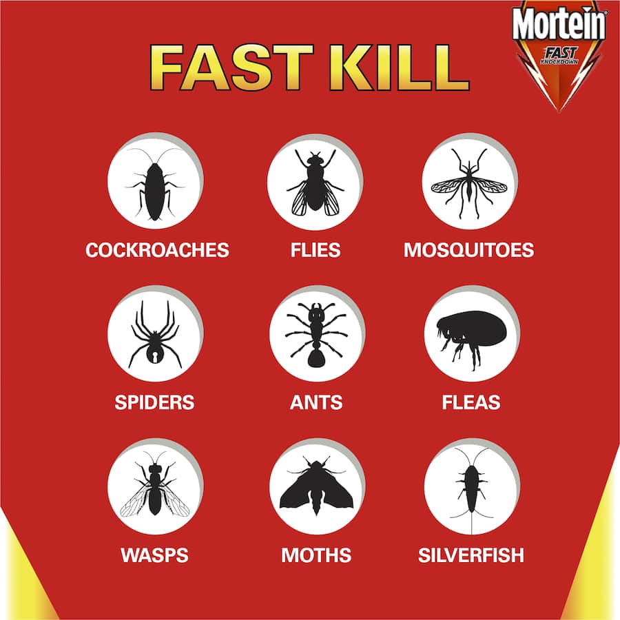Mortein Fly Spray Fast Knockdown multipurpose aerosol for rapid insect control on flies, cockroaches, mosquitoes, and more.