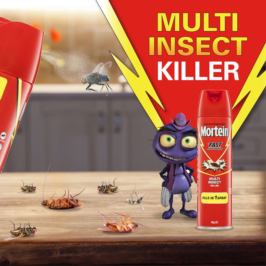 Mortein Fly Spray aerosol can for fast pest control, efficiently kills flies, cockroaches, ants, and more with a single spray.