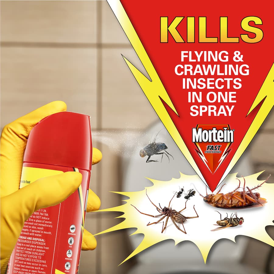 Mortein Fly Spray, a fast-acting aerosol, effectively eliminates flies, cockroaches, mosquitoes, and other pests in one spray.