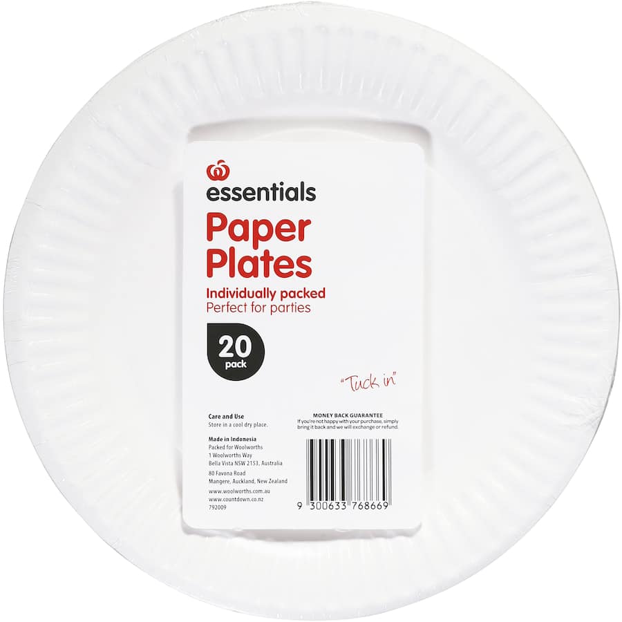 Sturdy 23cm white paper plates, eco-friendly and perfect for parties, BBQs, and catered events; 20 per pack.