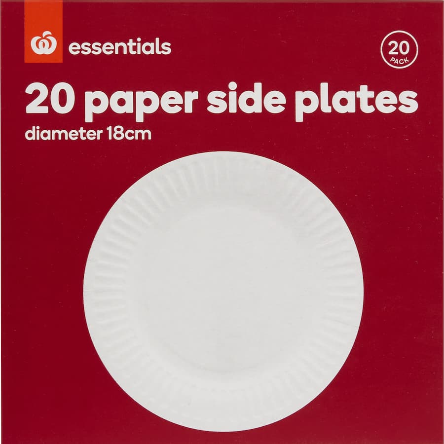White uncoated paper side plates, 18.3cm wide, eco-friendly, ideal for parties and events, 20 pack by Smartfox NZ.