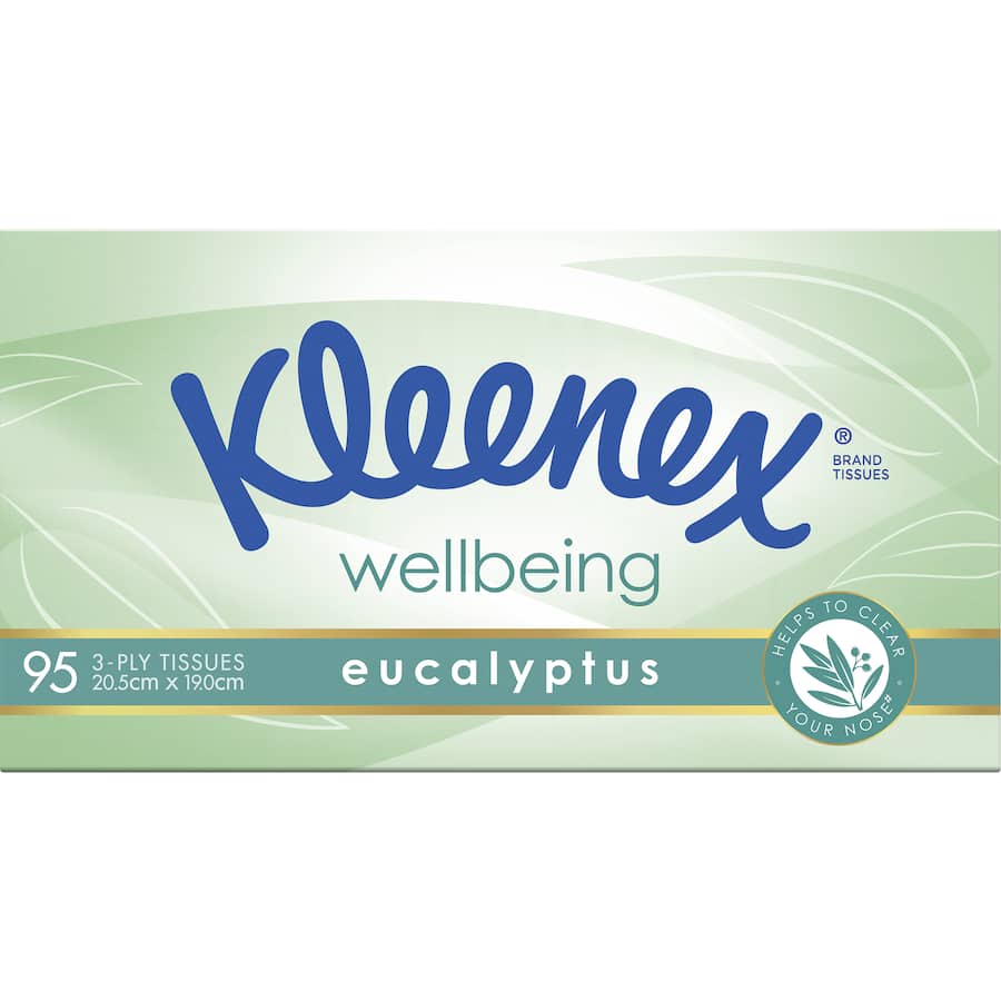 Kleenex Extra Care Tissues Eucalyptus - soft 3-ply tissues with eucalyptus oil for soothing relief and comfort.