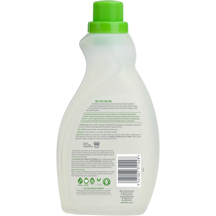 Earthwise Fabric Softener with papaya and aloe vera, eco-friendly, biodegradable, and safe for sensitive skin in recycled packaging.