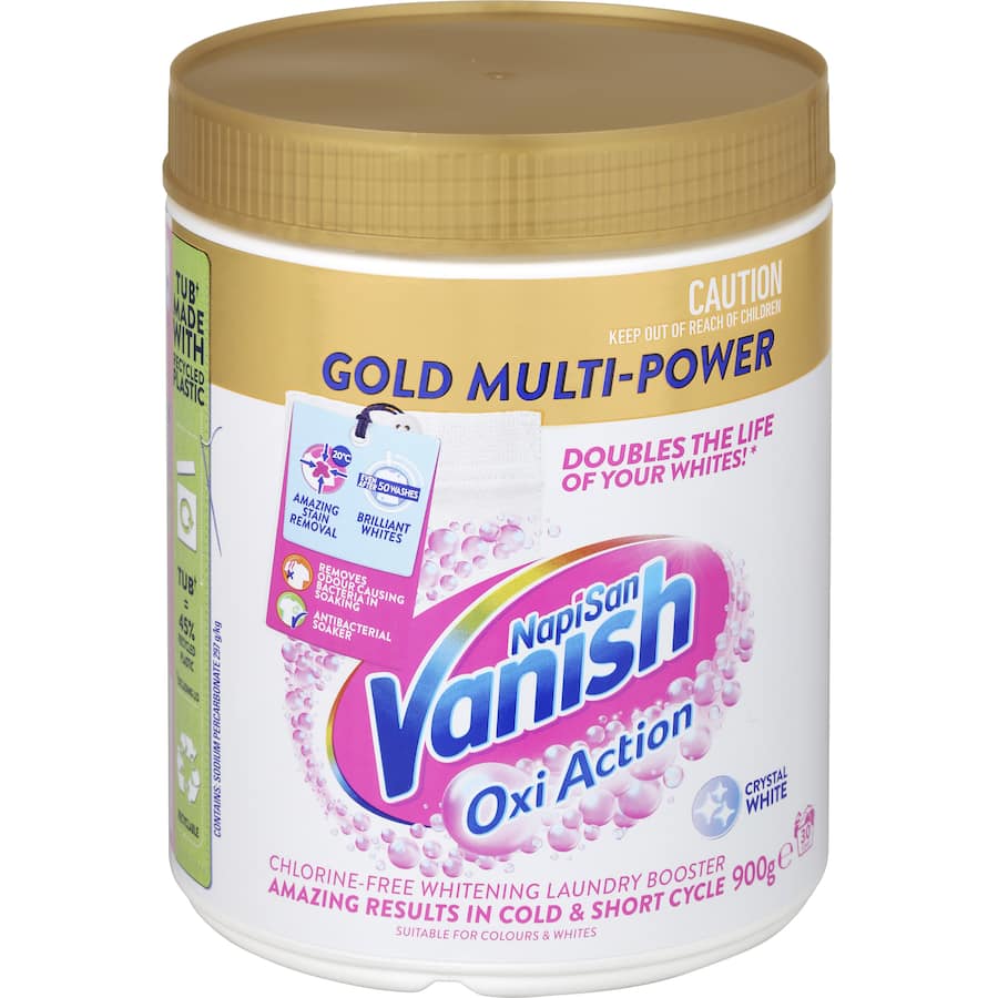 Vanish Napisan Oxi Action Gold powder removes tough stains, brightens whites, and eliminates odors, safe for all fabrics.