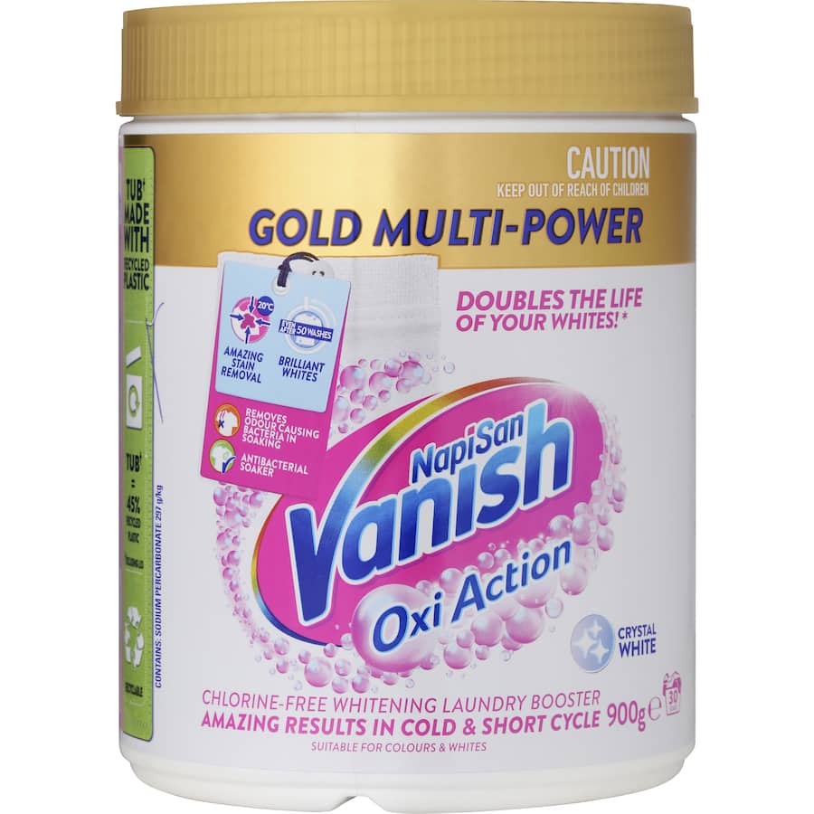 Vanish Napisan Oxi Action Gold powder for tough stain removal and vibrant whites, suitable for all fabrics and effective in cold water.