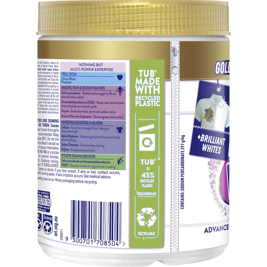 Vanish Napisan Oxi Action Gold powder for tough stain removal, bright whites, and odor elimination in laundry.