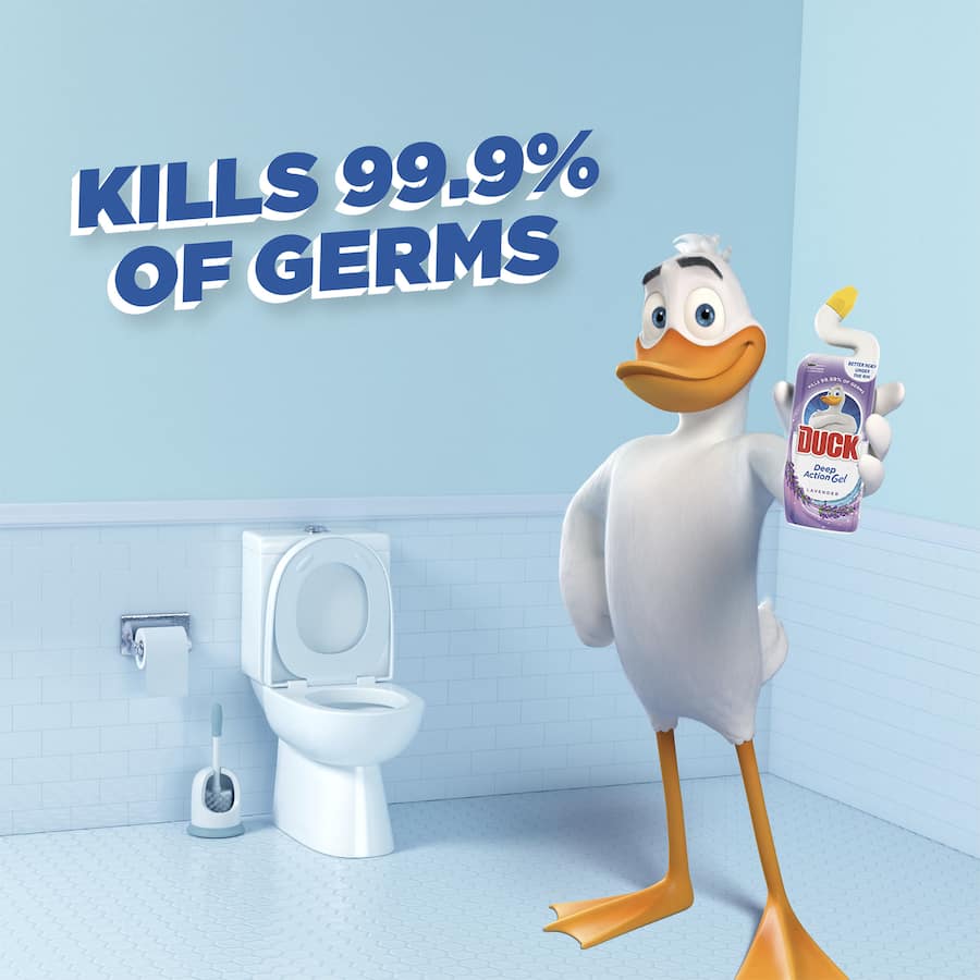 Duck Deep Action Toilet Cleaner Lavender Gel in a bottle, designed for deep sanitization with a lavender scent and precision application.