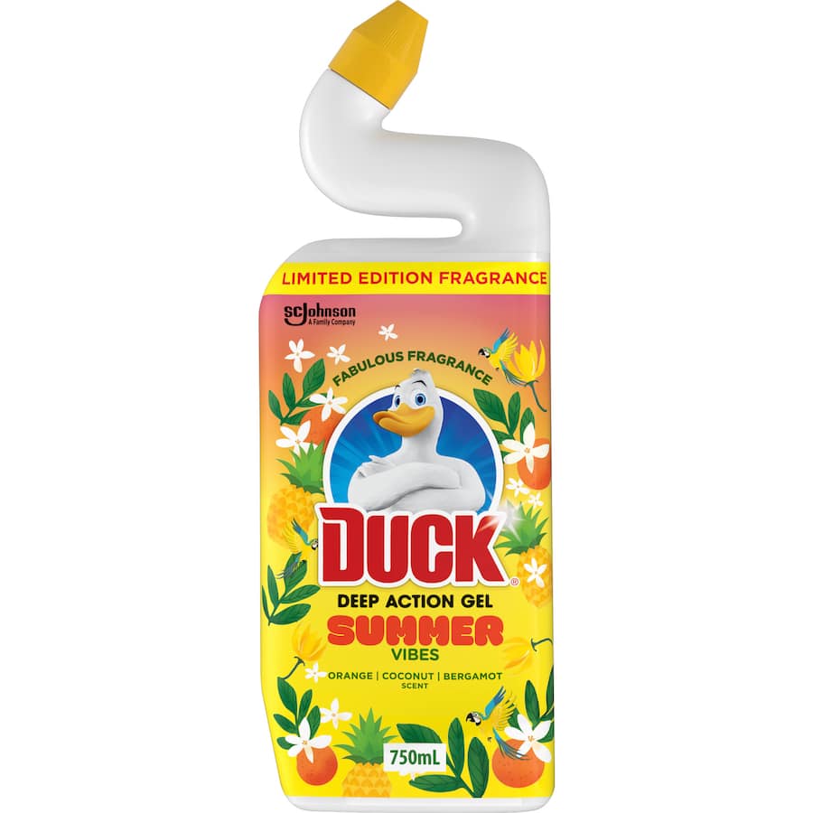 Limited edition Duck Deep Action Gel Toilet Cleaner with Summer Vibes scent, targeting 99.9% of germs for a fresh, deep clean.