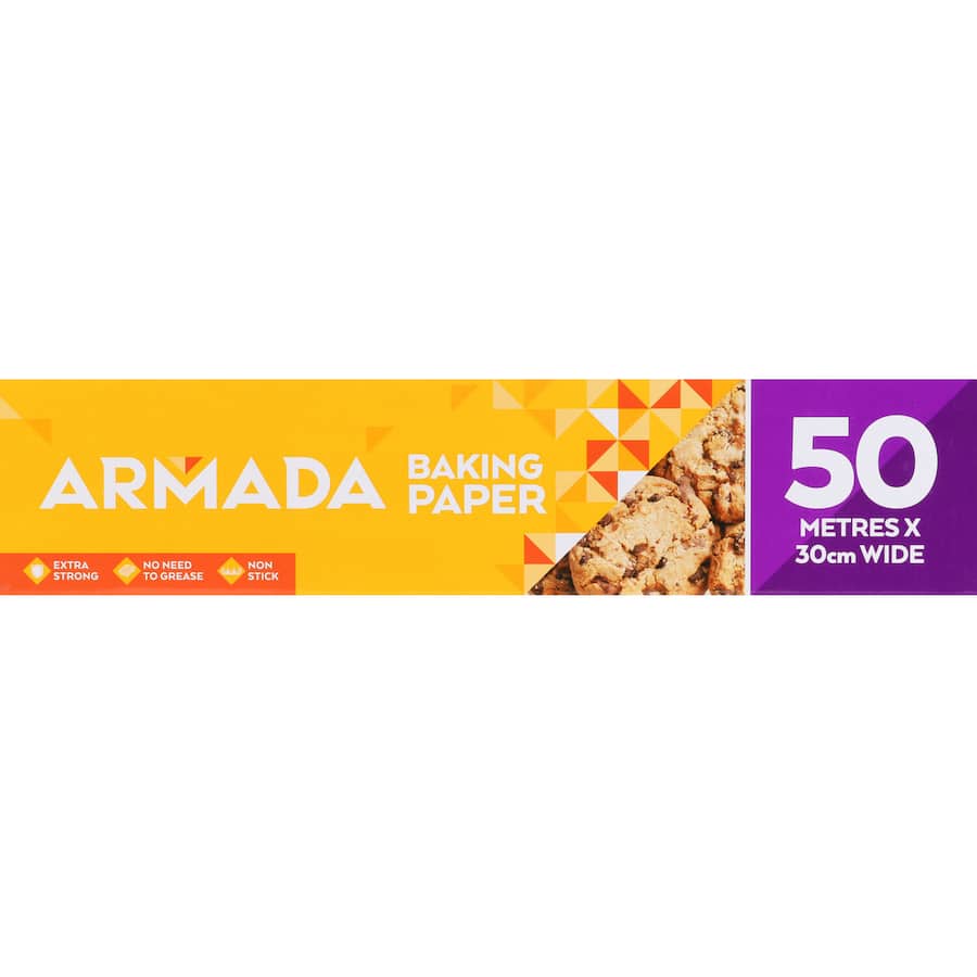 Armada Baking Paper roll, 30cm x 50m, features non-stick coating for easy baking and mess-free cooking.