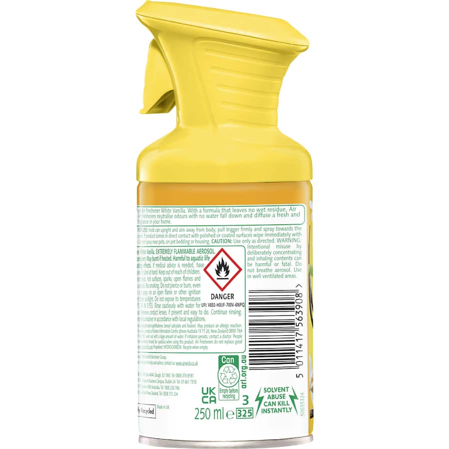 Air Wick Pure Air Freshener Spray in White Vanilla eliminates odors with a fine mist, leaving your space fresh and cozy.