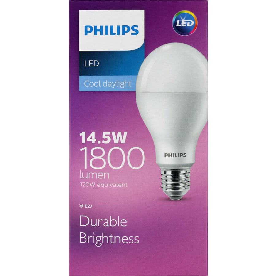 Philips LED Screw Light Bulb, 14.5W, 1800 lumens, cool daylight, energy-efficient illumination for homes and offices.