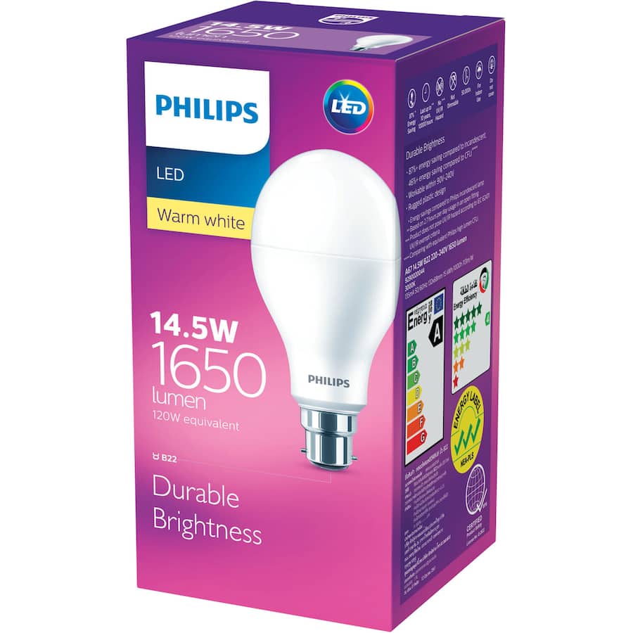 Philips LED Bayonet Bulb 14.5W, 1800lm warm white light, energy-efficient, stylish design, perfect for home or office.