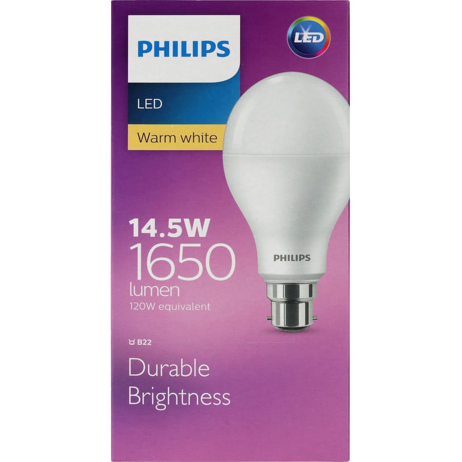 Philips LED Bayonet Light Bulb 14.5W: energy-efficient, 1800lm warm white light with modern design and long lifespan.