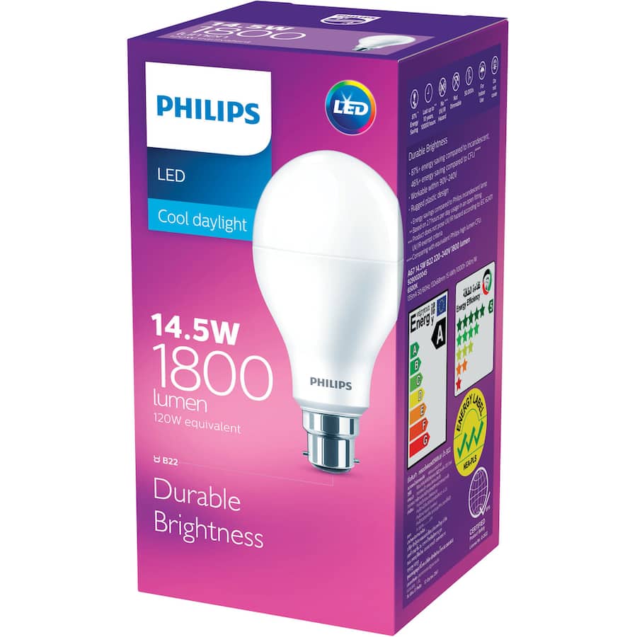 Philips LED Bayonet Light Bulb, 14.5w, 1800lm, cool daylight, energy-efficient with sleek design for modern spaces.
