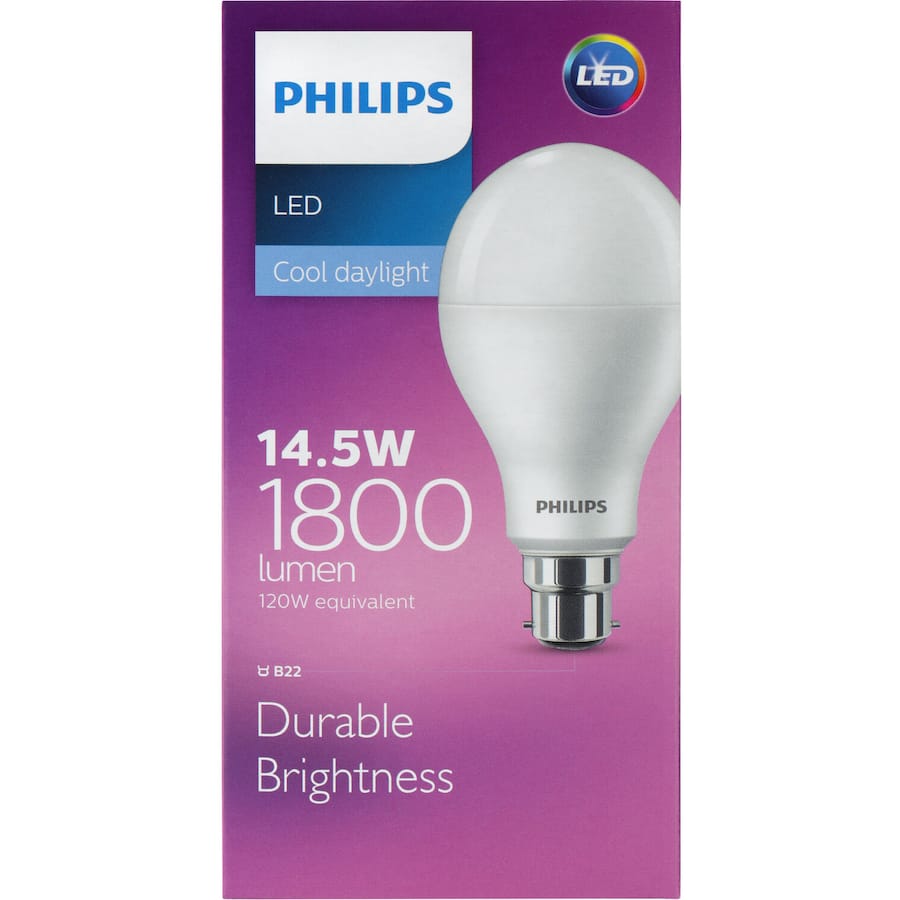 Philips 14.5w LED bayonet bulb with 1800 lumens, sleek design, cool daylight illumination for energy-efficient lighting.