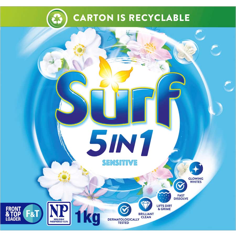 Surf Laundry Powder 5 In 1 Sensitive in eco-friendly packaging, perfect for sensitive skin, offers powerful cleaning without fragrances.