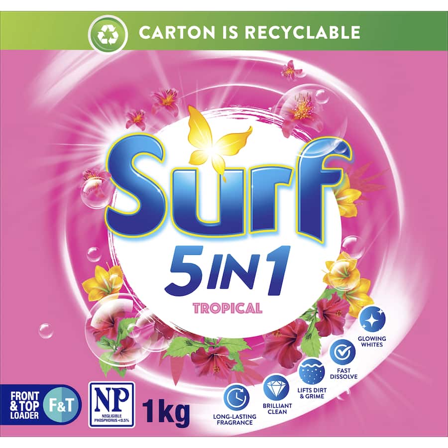 Surf Laundry Powder 5 In 1 Tropical offers long-lasting freshness with Ylang Ylang and Tropical Lily fragrance for a brilliant clean.