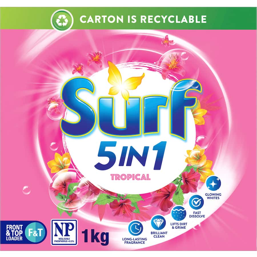 Surf Laundry Powder 5 In 1 Tropical offers a floral Ylang Ylang and Tropical Lily scent, delivering long-lasting freshness and a brilliant clean.