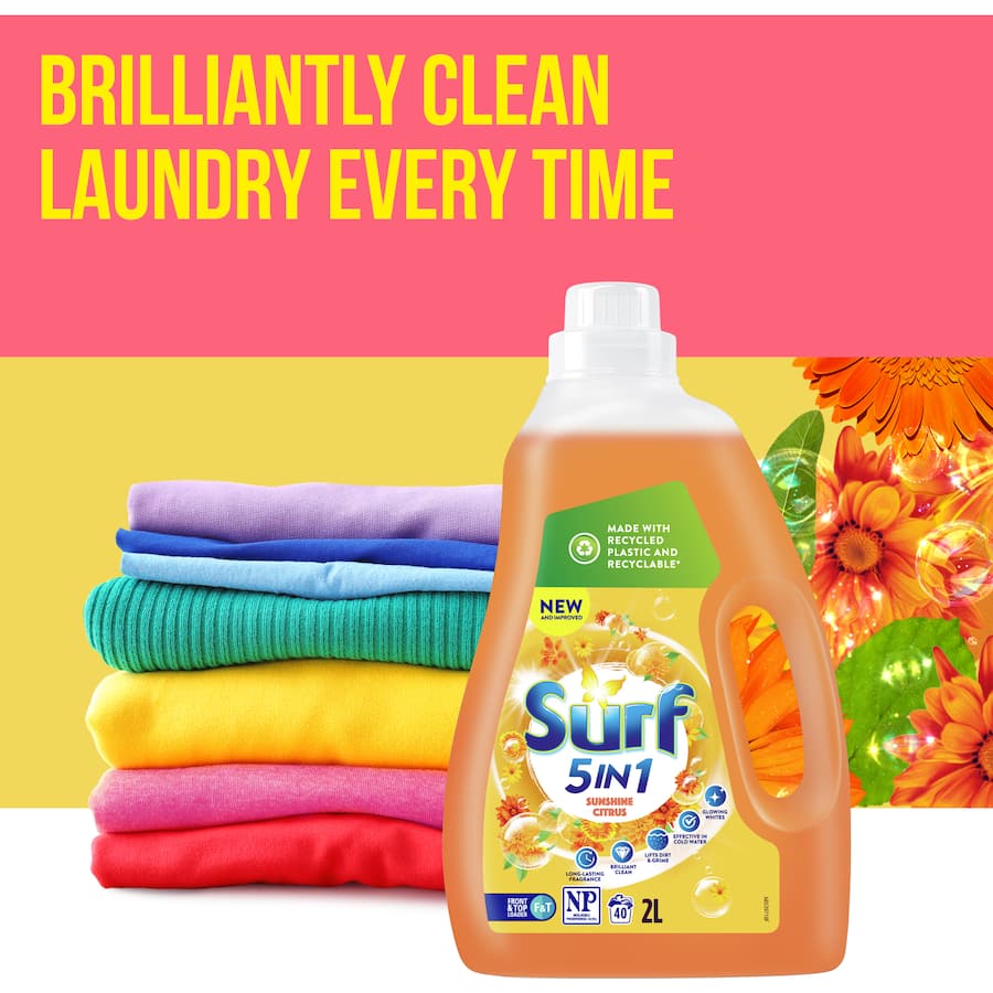 Surf Front & Top Loader Laundry Liquid Sunshine in a 2L tub, featuring a refreshing citrus scent of lemons and orange blossom.