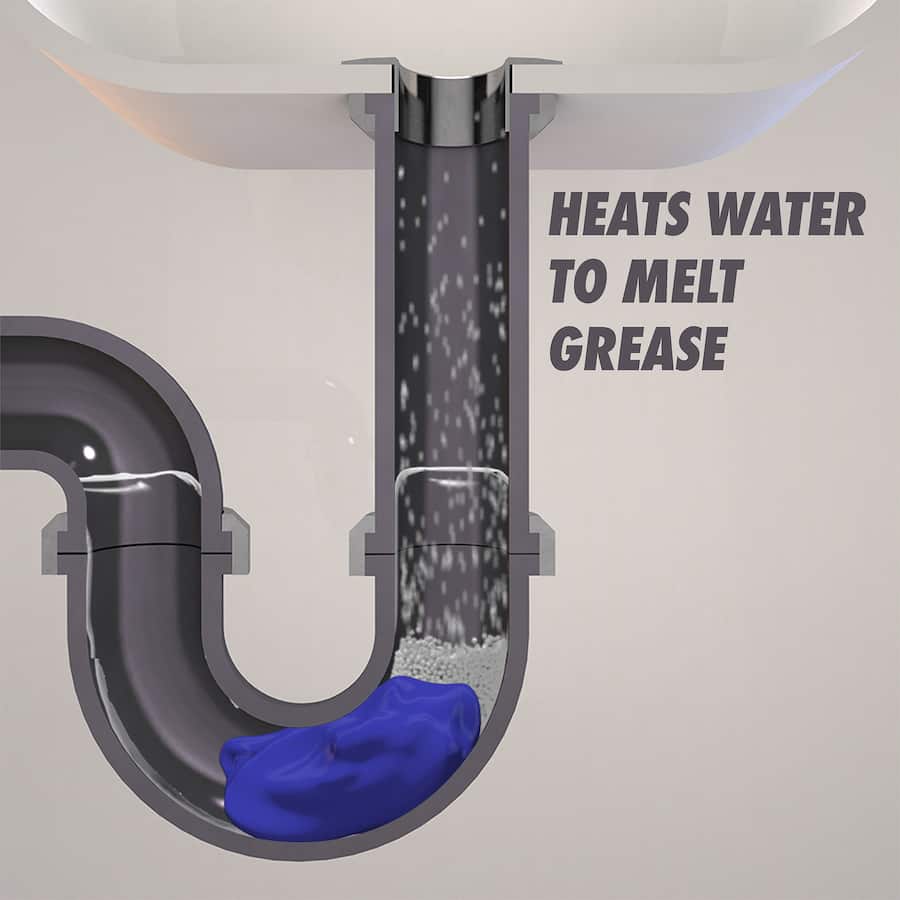 Drano Drain Unblocker Crystals for clearing tough clogs and eliminating odors in all types of pipes, including septic systems.