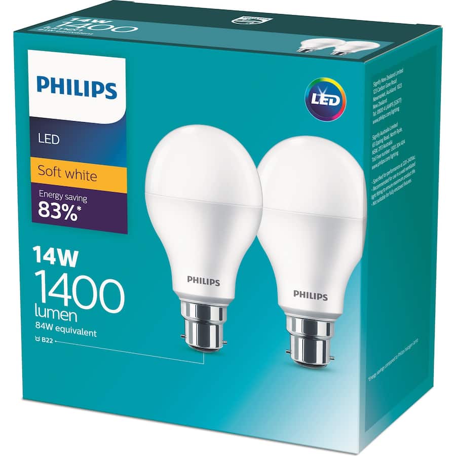 Philips LED Light Bulb 1400lm Soft White BC, 2700K, dimmable, 10,000 hours, energy-efficient, warm light for home ambiance.