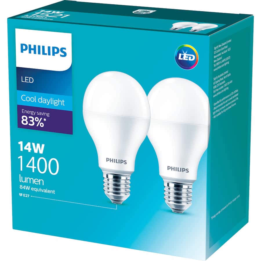 Philips LED Light Bulb 1400lm: Energy-efficient, 6500K cool daylight bulb, 10,000-hour lifespan, E27 base, flicker-free illumination.